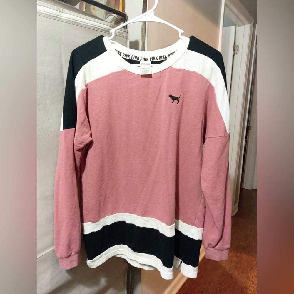 Victoria's Secret PINK colorblock pullover sweatshirt in pink, black, and white
